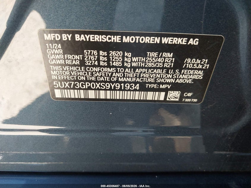 2025 BMW X3 3.0L I-6 DI, DOHC, V(VIN: 5UX73GP0XS9Y91934