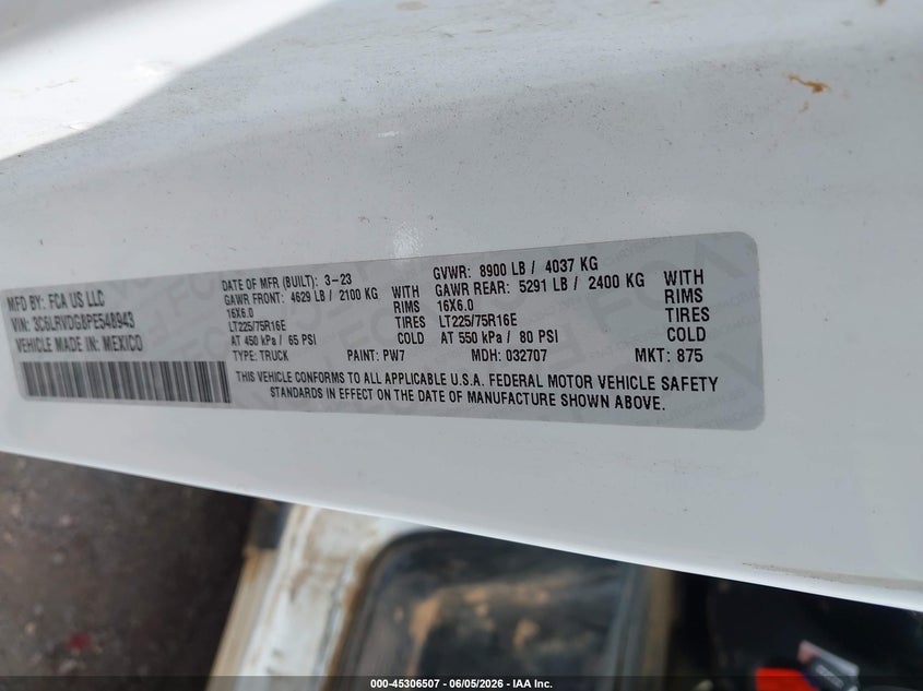 2023 RAM PROMASTER 2500 3.6L V-6 DOHC, VVT, (VIN: 3C6LRVDG8PE548943