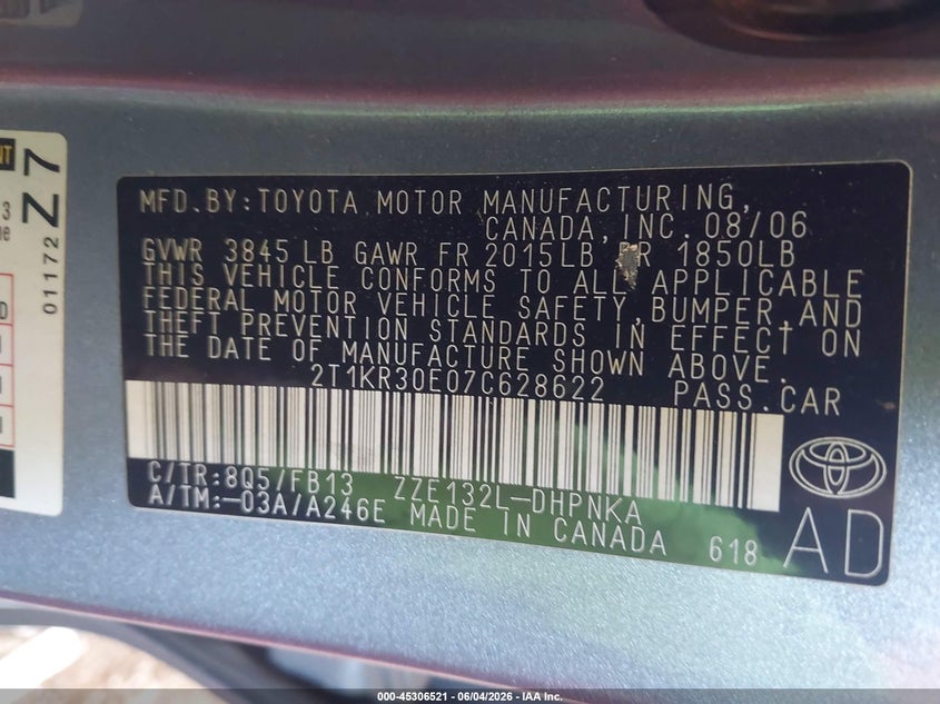 2007 Toyota Matrix Xr VIN: 2T1KR30E07C628622 Lot: 45306521