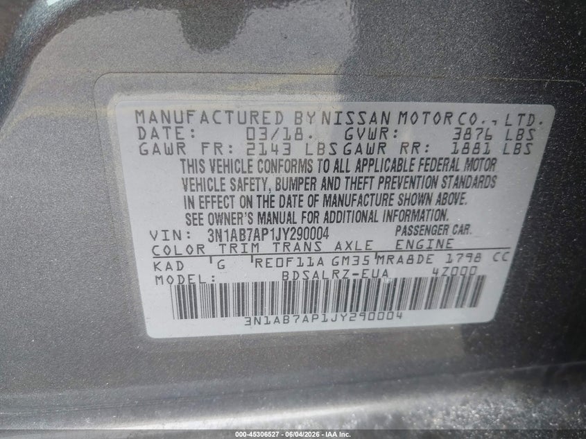 2018 Nissan Sentra Sr VIN: 3N1AB7AP1JY290004 Lot: 45306527
