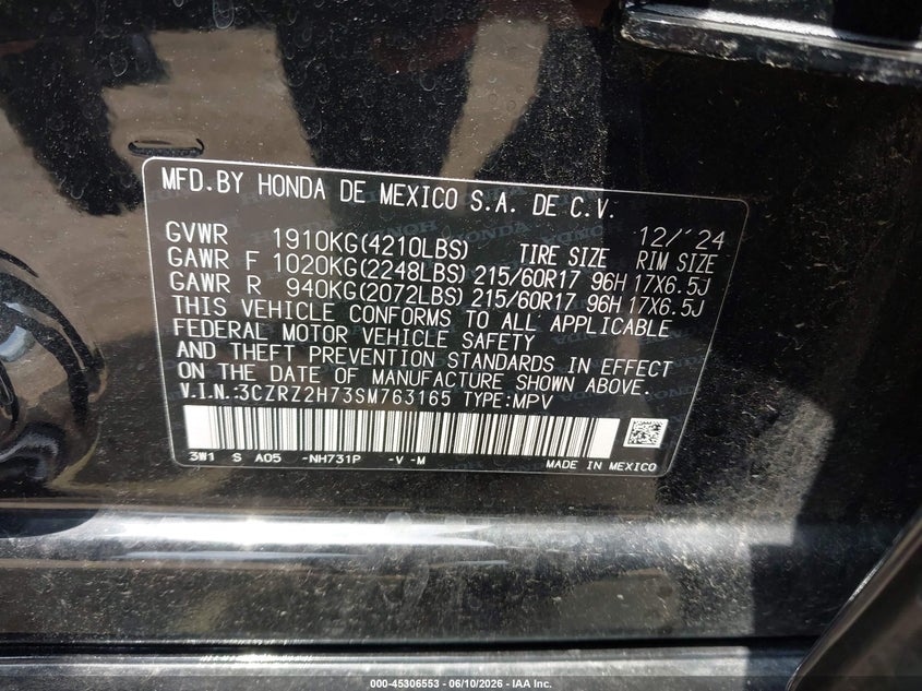 2025 Honda Hr-V Awd Ex-L VIN: 3CZRZ2H73SM763165 Lot: 45306553
