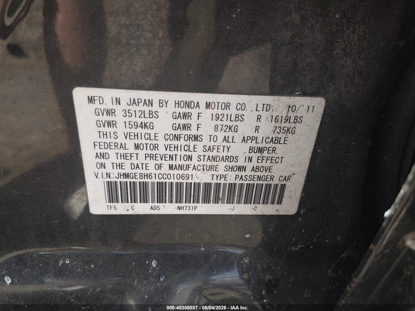 2012 Honda Fit Sport VIN: JHMGE8H61CC010691 Lot: 45306557