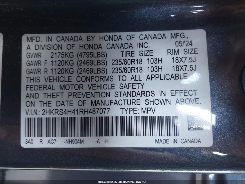 2024 HONDA CR-V 1.5L I-4 DI, DOHC, V(VIN: 2HKRS4H41RH487077