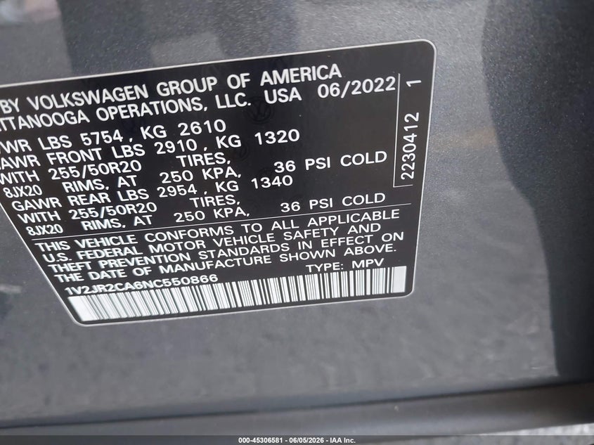 2022 VOLKSWAGEN ATLAS 3.6L V-6 DI, DOHC, V(VIN: 1V2JR2CA6NC550866