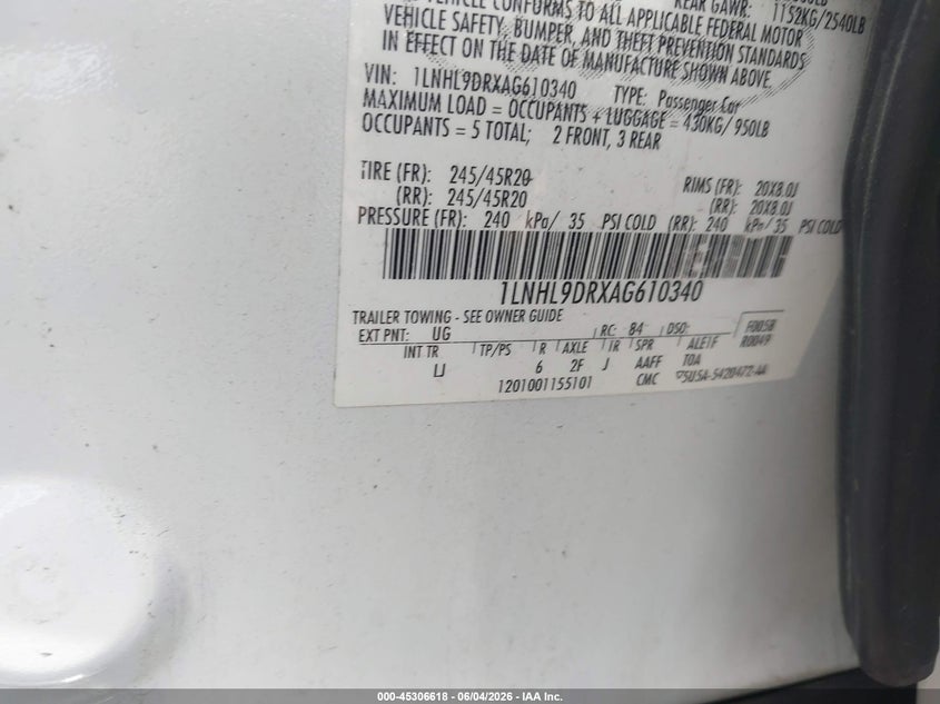 2010 Lincoln Mks VIN: 1LNHL9DRXAG610340 Lot: 45306618
