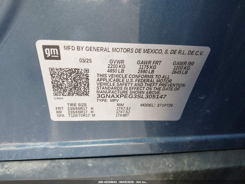 2025 CHEVROLET EQUINOX 1.5L I-4 DI, DOHC, V(VIN: 3GNAXPEG3SL305147