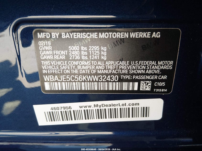 2019 BMW 540I VIN: WBAJE5C56KWW32430 Lot: 45306649
