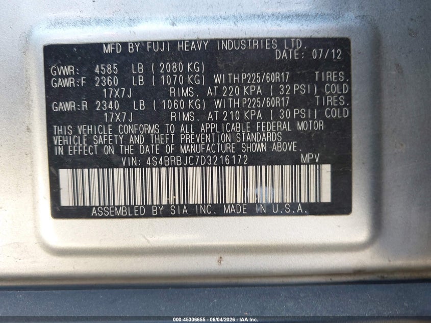 2013 Subaru Outback 2.5I Limited VIN: 4S4BRBJC7D3216172 Lot: 45306655