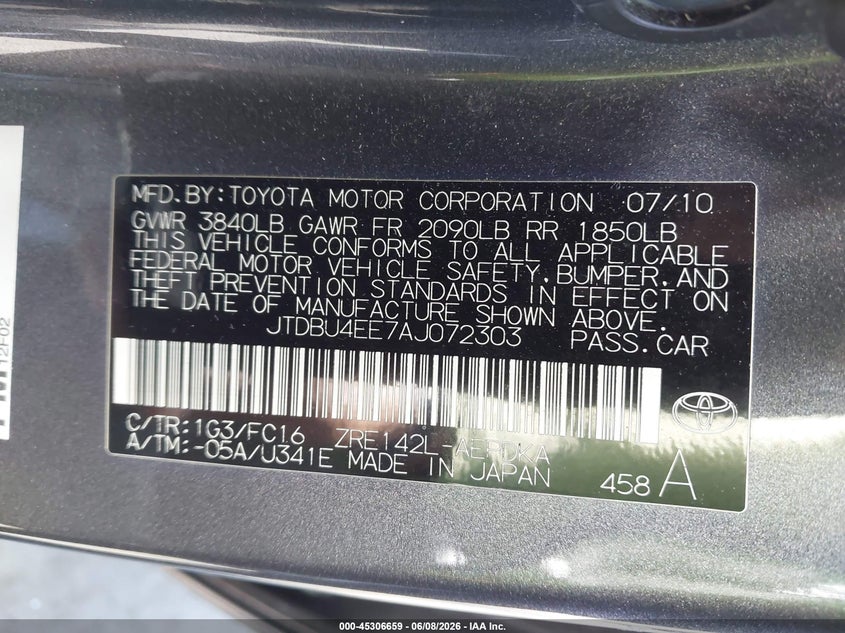 2010 TOYOTA COROLLA SEDAN 1.8L I-4 DOHC, VVT, 132HP