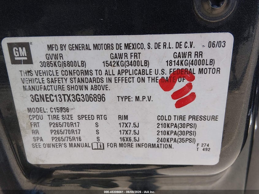 2003 Chevrolet Avalanche 1500 VIN: 3GNEC13TX3G306896 Lot: 45306661