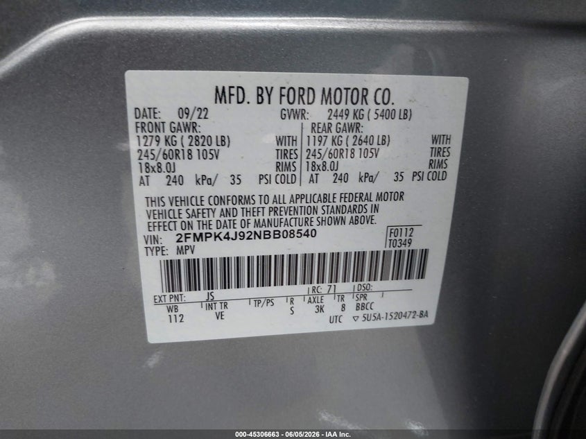 2022 Ford Edge Sel VIN: 2FMPK4J92NBB08540 Lot: 45306663