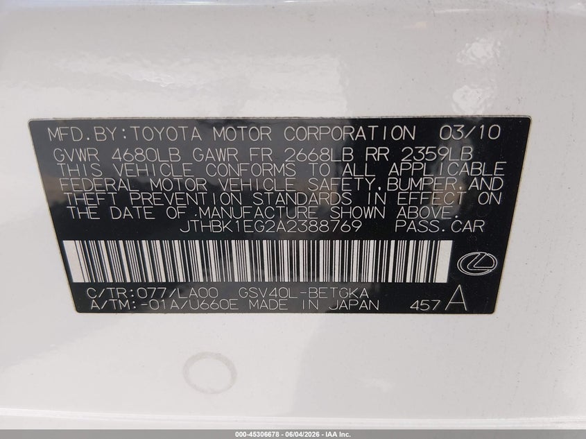 2010 Lexus Es 350 VIN: JTHBK1EG2A2388769 Lot: 45306678