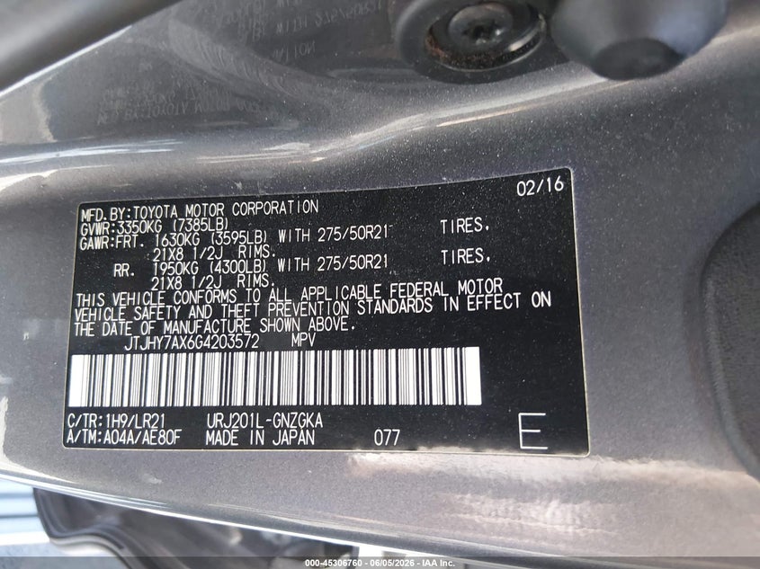 2016 Lexus Lx 570 VIN: JTJHY7AX6G4203572 Lot: 45306760