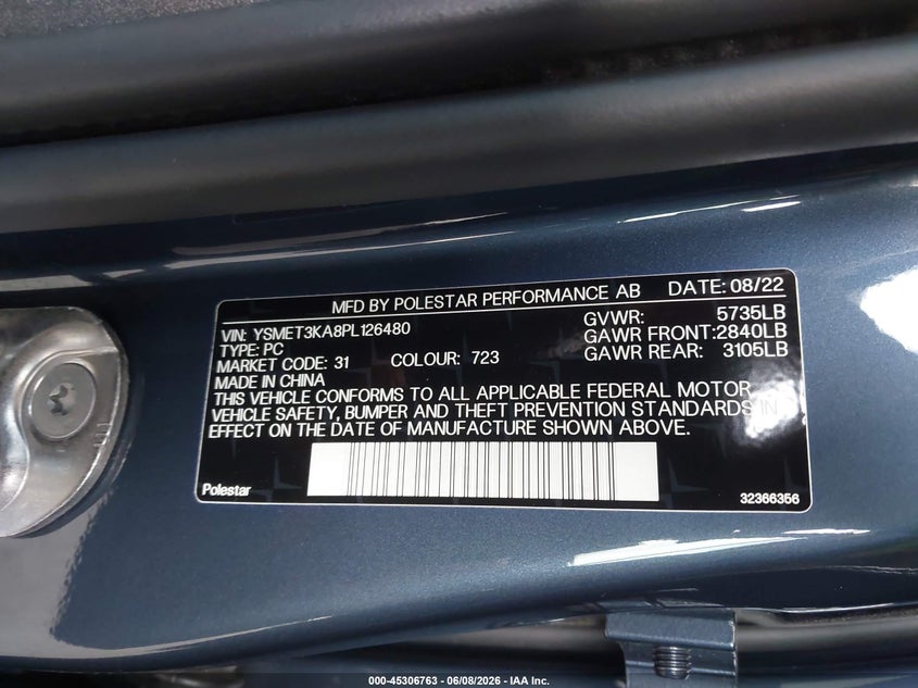 2023 Polestar 2 Long Range Dual Motor Bst Edition 230/Long Range Dual Motor Bst Edition 270 VIN: YSMET3KA8PL126480 Lot: 45306763