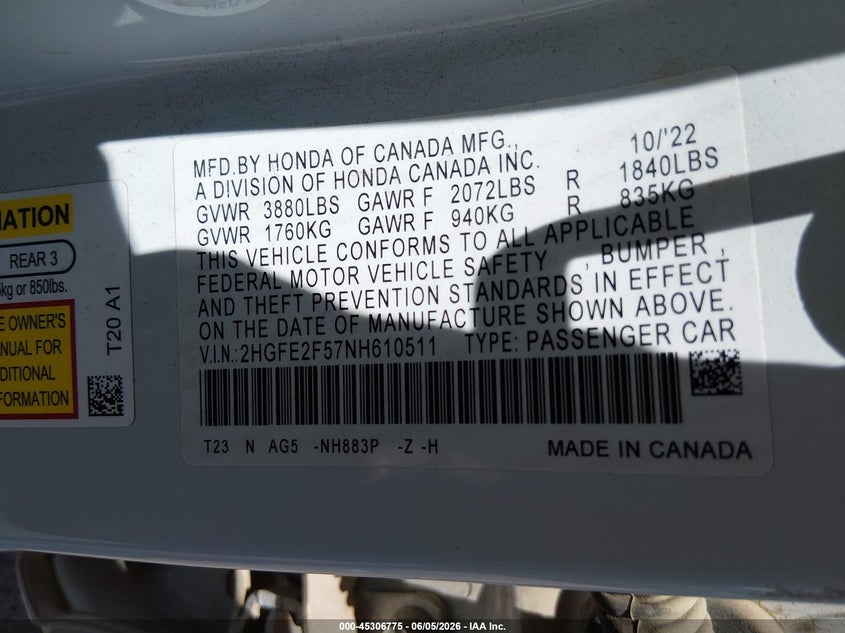 2022 HONDA CIVIC 2.0L I-4 DI, DOHC, V(VIN: 2HGFE2F57NH610511