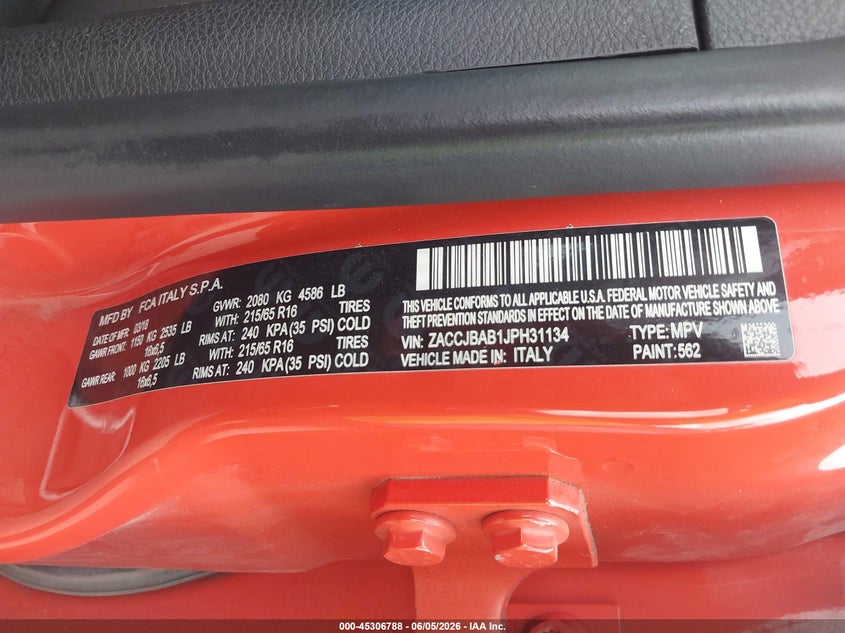 JEEP RENEGADE 2018 VIN ZACCJBAB1JPH31134