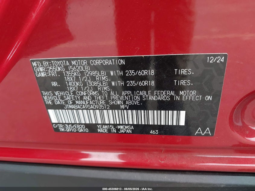 2025 Toyota Bz4X Xle VIN: JTMABACA9SA093512 Lot: 45306813