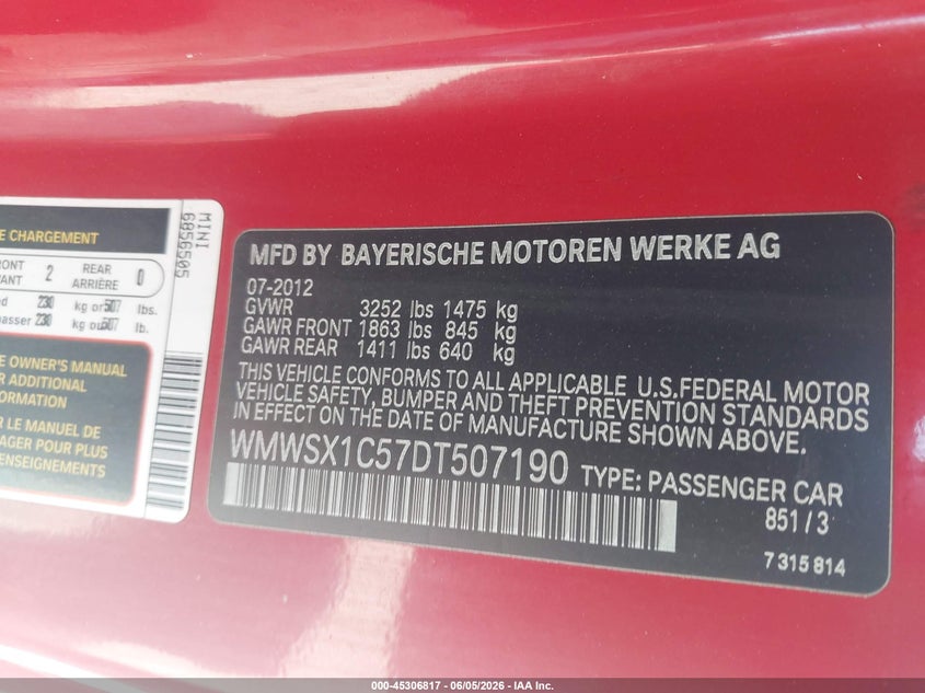 2013 Mini Coupe Cooper VIN: WMWSX1C57DT507190 Lot: 45306817