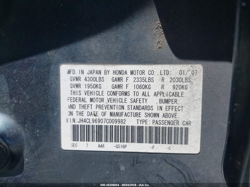 2007 Acura Tsx VIN: JH4CL96907C009982 Lot: 45306854