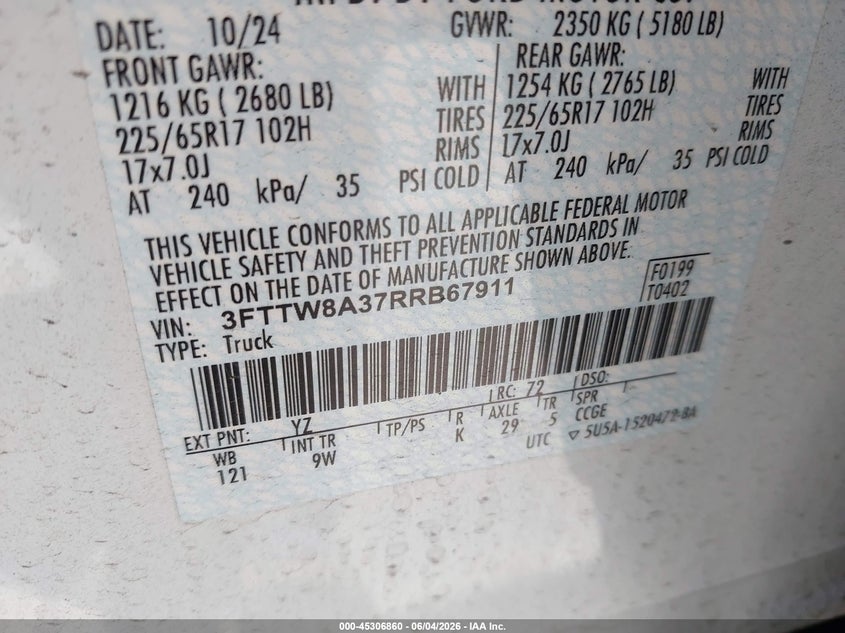 2024 Ford Maverick Xl VIN: 3FTTW8A37RRB67911 Lot: 45306860