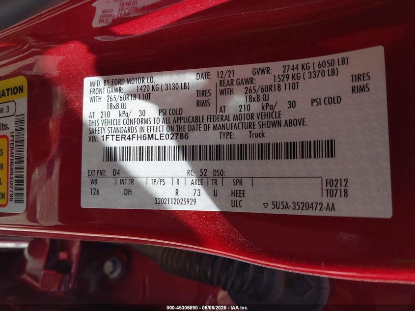 2021 FORD RANGER 2.3L I-4 DI, DOHC, V(VIN: 1FTER4FHXMLD58680
