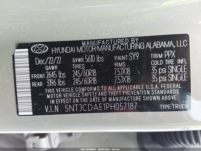 2023 HYUNDAI SANTA CRUZ 2.5L I-4 DI, DOHC, V(VIN: 5NTJCDAE1PH057187