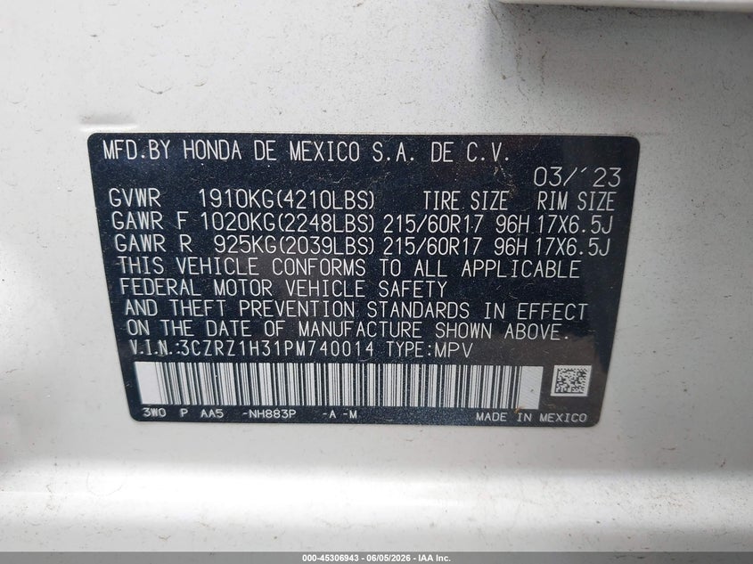 2023 HONDA HR-V 2.0L I-4 DI, DOHC, V(VIN: 3CZRZ1H31PM740014