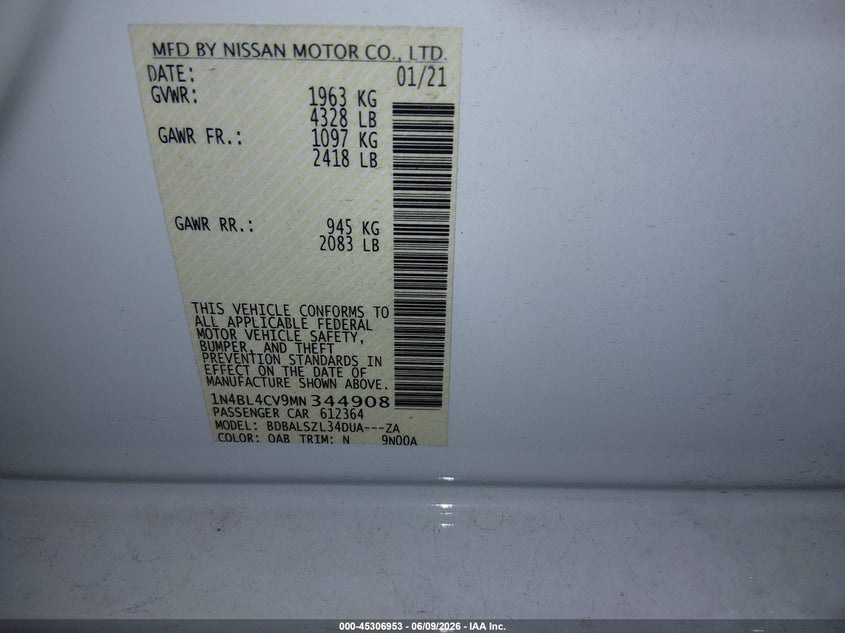 2021 NISSAN ALTIMA SEDAN 2.5L I-4 DI, DOHC, VVT, 188HP