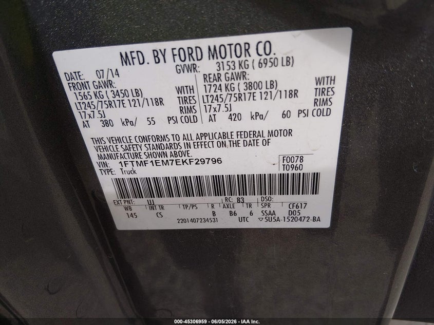 2014 Ford F-150 3.7 Xl grey Lot 111045306959 Vin 1FTMF1EM7EKF29796