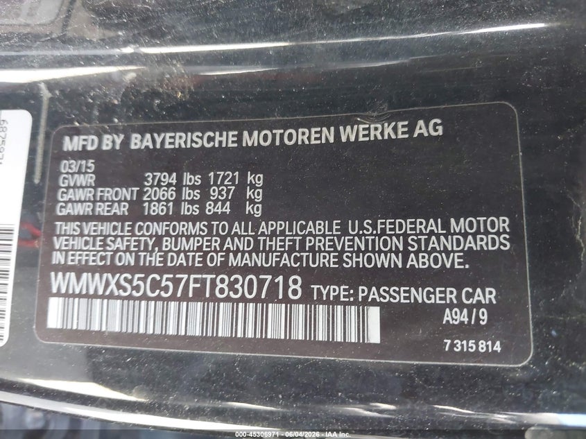 2015 Mini Hardtop Cooper VIN: WMWXS5C57FT830718 Lot: 45306971