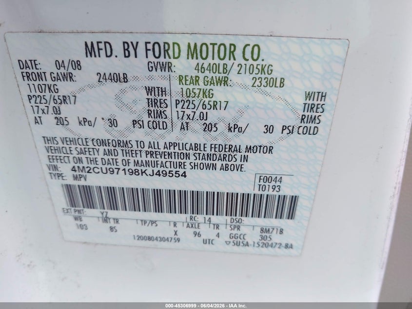 2008 Mercury Mariner Premier VIN: 4M2CU97198KJ49554 Lot: 45306999