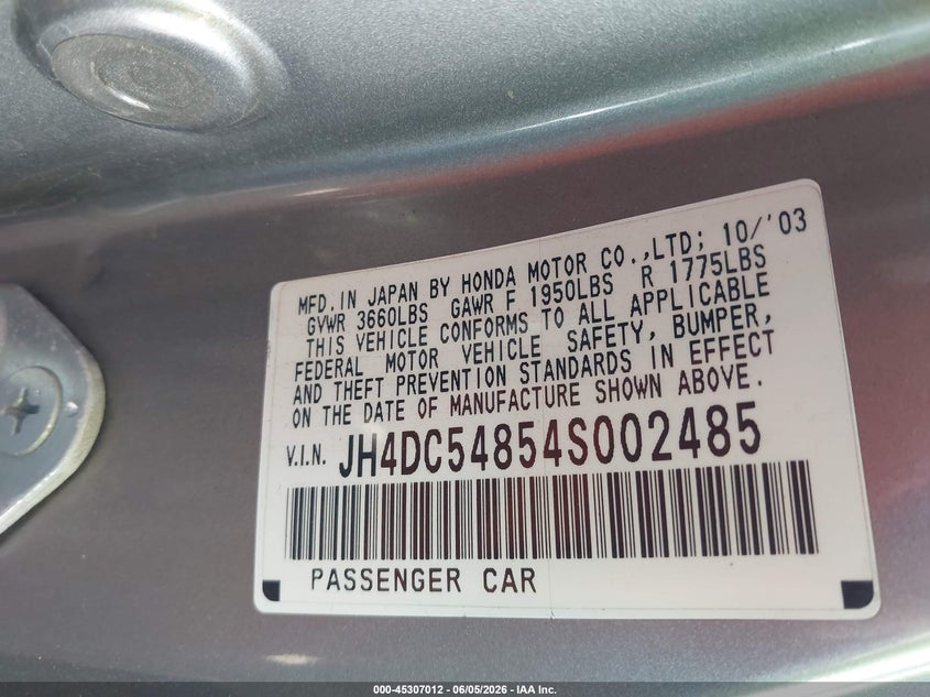 2004 Acura Rsx VIN: JH4DC54854S002485 Lot: 45307012