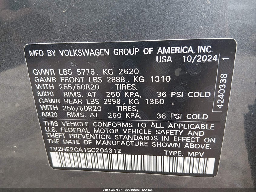 2025 Volkswagen Atlas Cross Sport 2.0T Se W/Technology VIN: 1V2HE2CA1SC204312 Lot: 45307057