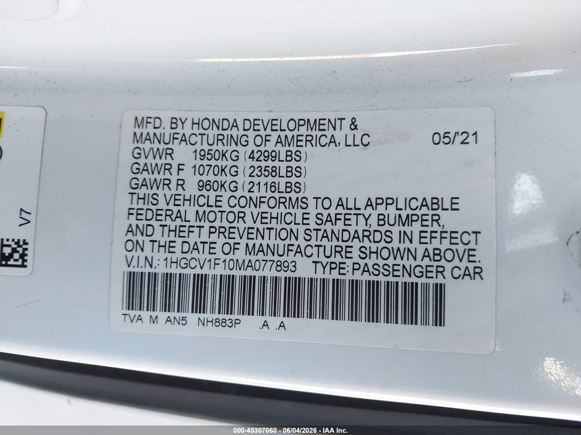 2021 Honda Accord Lx VIN: 1HGCV1F10MA077893 Lot: 45307060