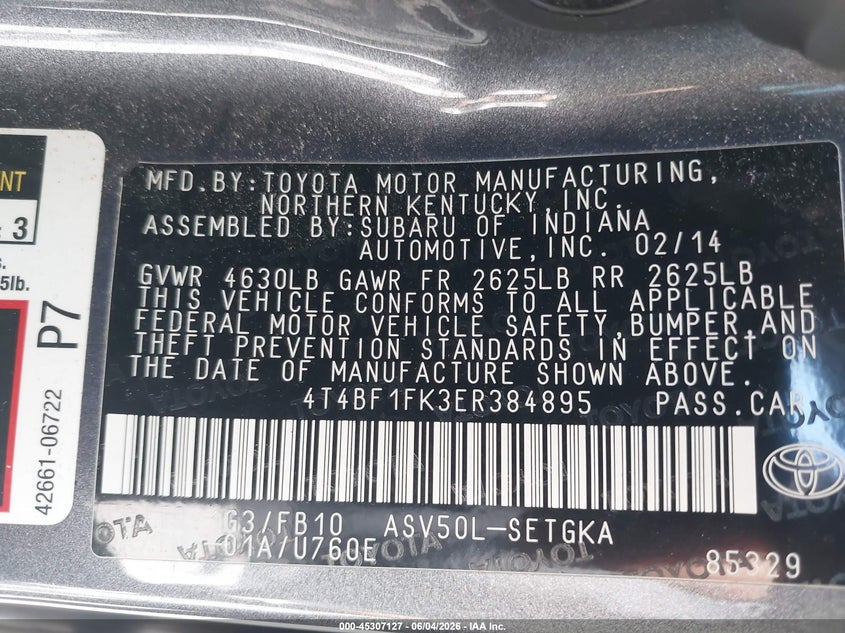 2014 Toyota Camry Xle VIN: 4T4BF1FK3ER384895 Lot: 45307127