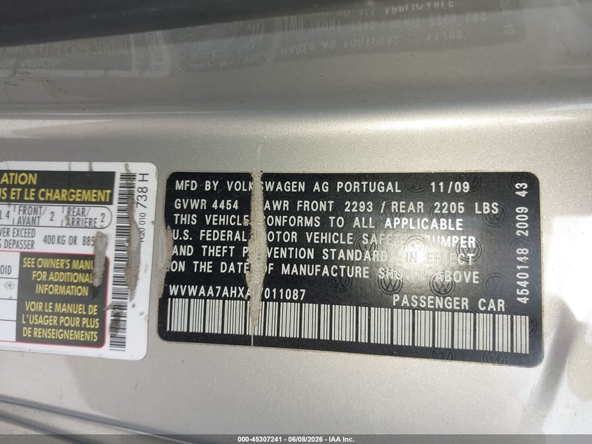 2010 Volkswagen Eos Komfort VIN: WVWAA7AHXAV011087 Lot: 45307241