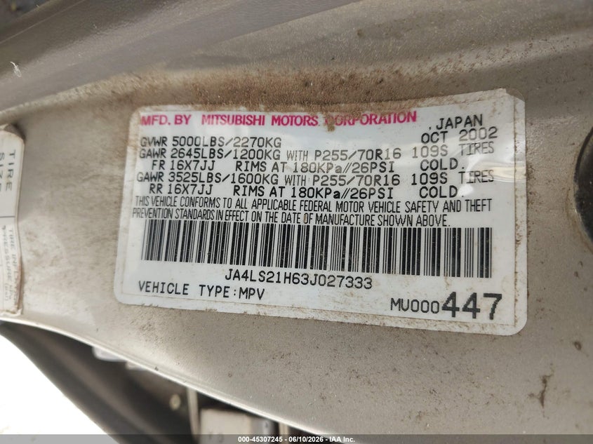 2003 Mitsubishi Montero Sport Es/Ls VIN: JA4LS21H63J027333 Lot: 45307245