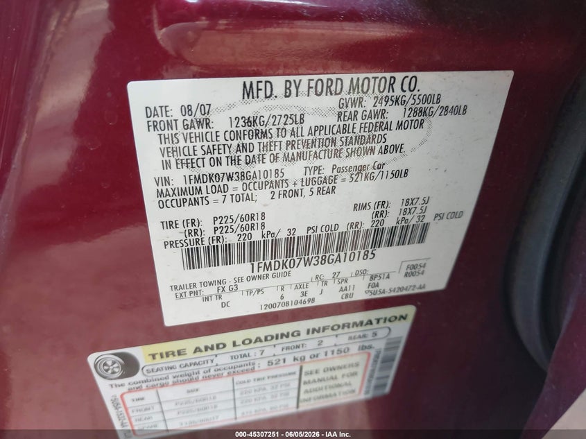 2008 Ford Taurus X Eddie Bauer VIN: 1FMDK07W38GA10185 Lot: 45307251