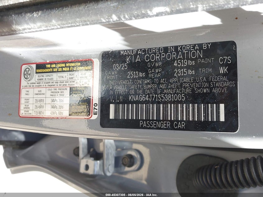KIA K5 2025 VIN KNAG64J71S5381005