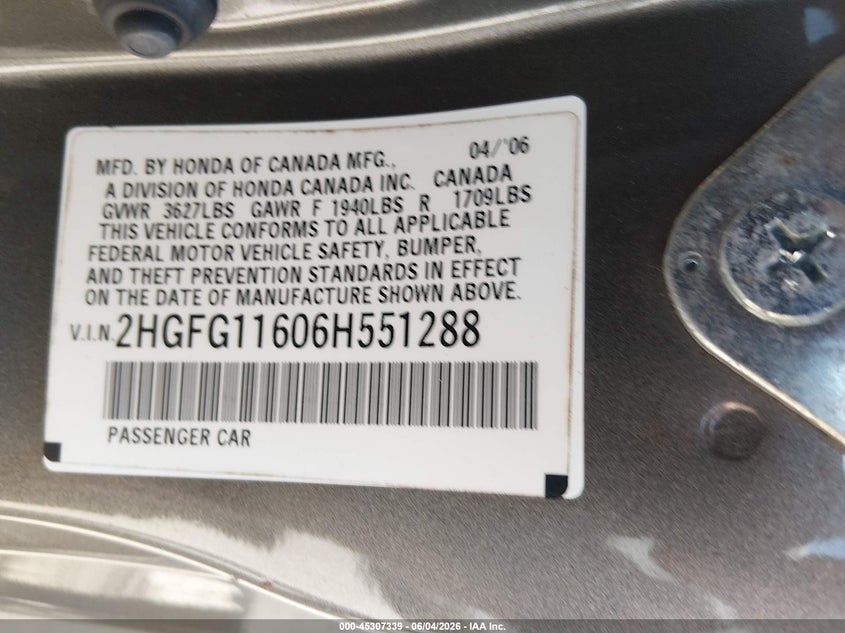 2006 Honda Civic Lx VIN: 2HGFG11606H551288 Lot: 45307339