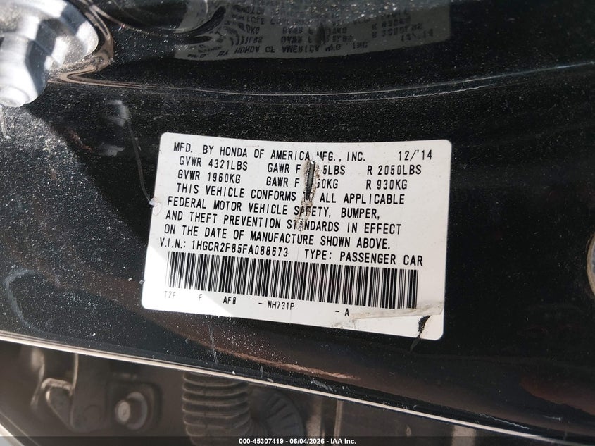 2015 Honda Accord Ex-L VIN: 1HGCR2F85FA088673 Lot: 45307419