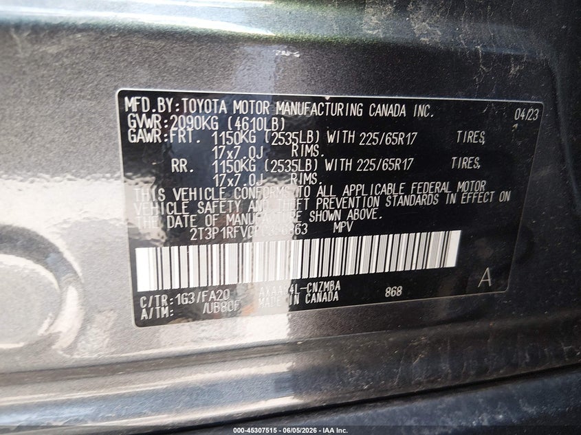 2023 TOYOTA RAV4 2.5L I-4 DI, DOHC, V(VIN: 2T3P1RFV0PC356863