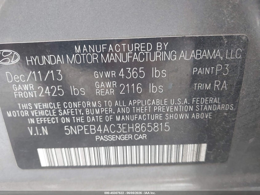2014 Hyundai Sonata Gls VIN: 5NPEB4AC3EH865815 Lot: 45307522