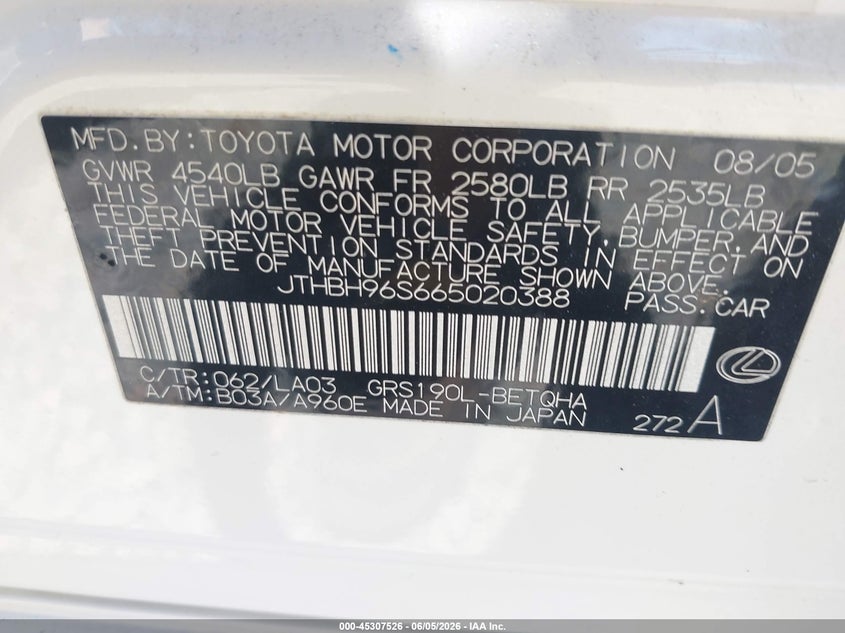 2006 Lexus Gs 300 VIN: JTHBH96S665020388 Lot: 45307526