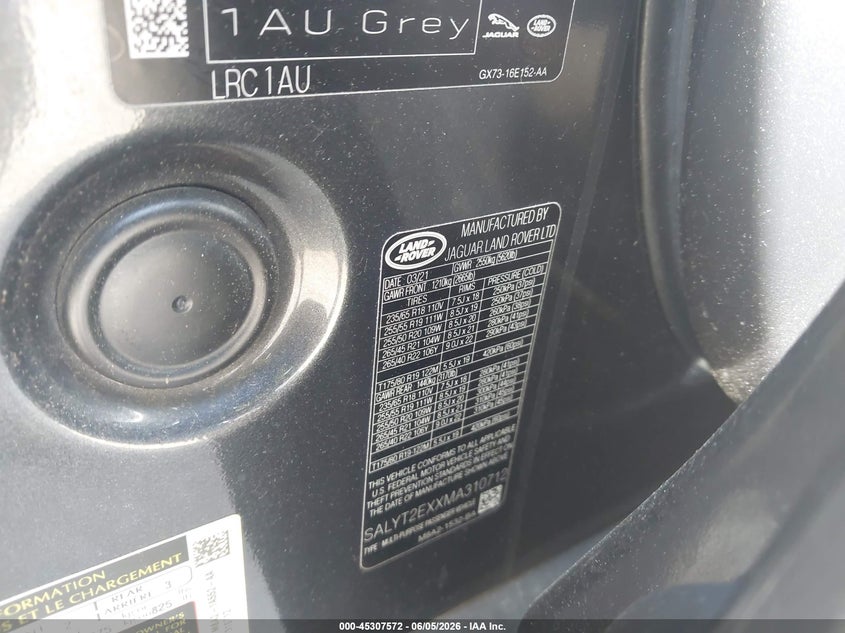 2021 LAND ROVER RANGE ROVER VELAR 2.0L I-4 DI, DOHC, V(VIN: SALYT2EXXMA310712