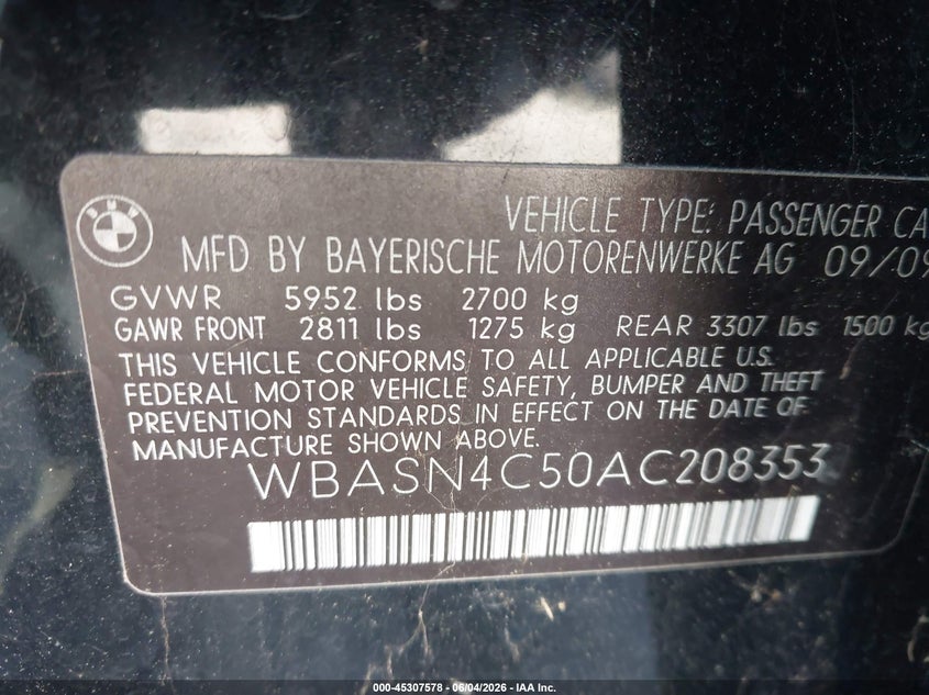 2010 BMW 550I Gran Turismo VIN: WBASN4C50AC208353 Lot: 45307578
