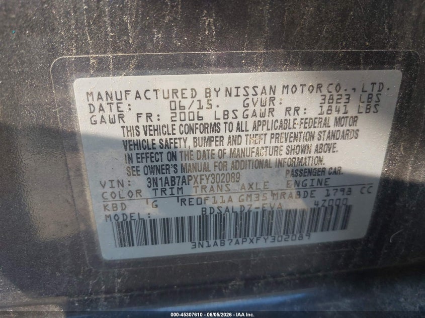 2015 Nissan Sentra Sv VIN: 3N1AB7APXFY302089 Lot: 45307610