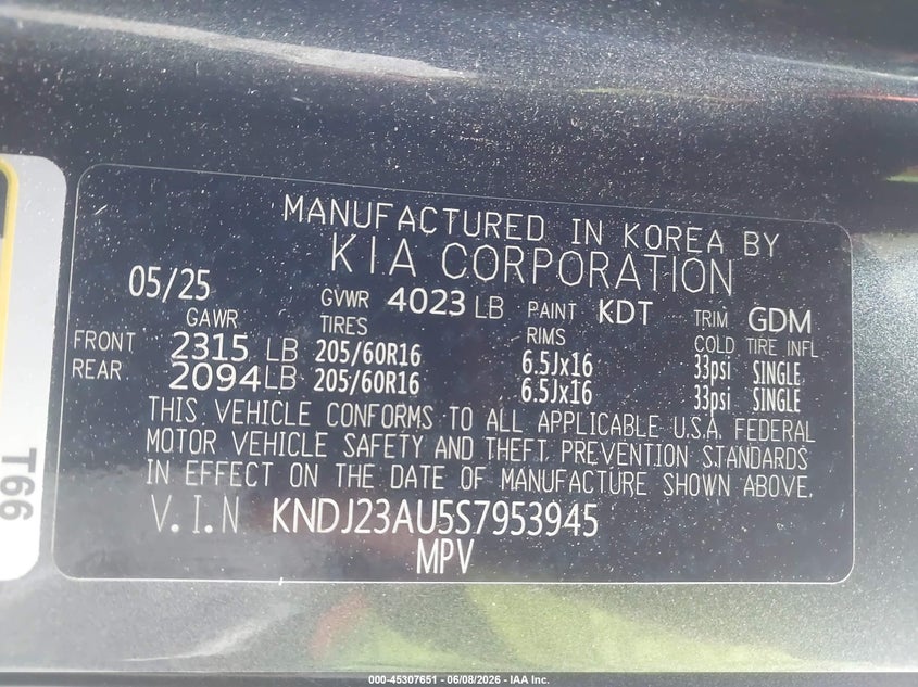 KIA SOUL 2025 VIN KNDJ23AU5S7953945