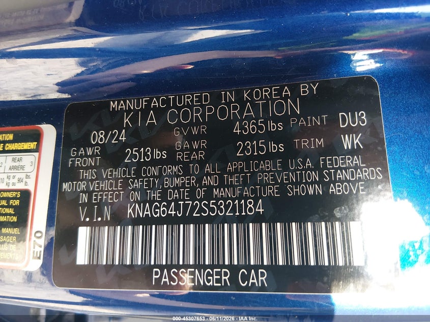 2025 KIA K5 SEDAN 2.5L I-4 DI, DOHC, VVT, 191HP