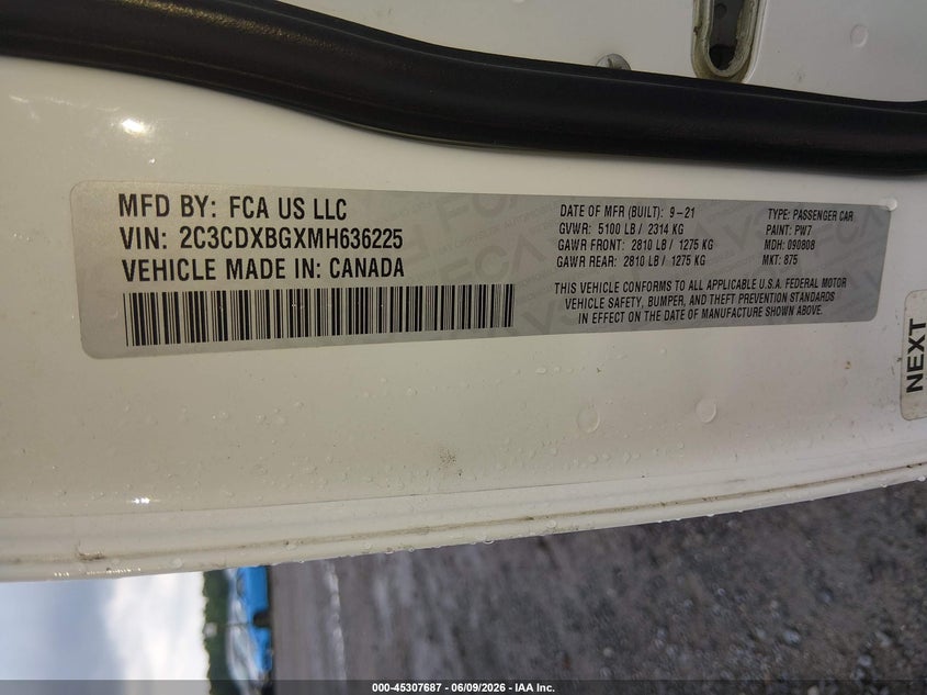 2021 DODGE CHARGER 3.6L V-6 DOHC, VVT, (VIN: 2C3CDXBGXMH636225